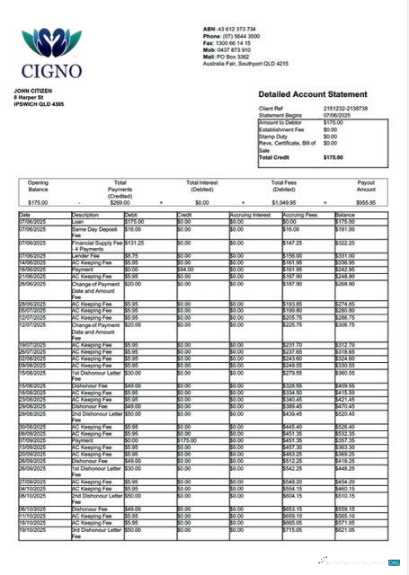 Download Australia Cigno account bank statement Photoshop template